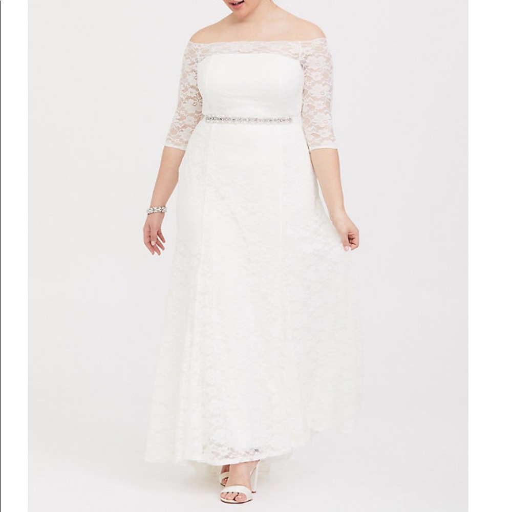 Ivory lace off the shoulder dress